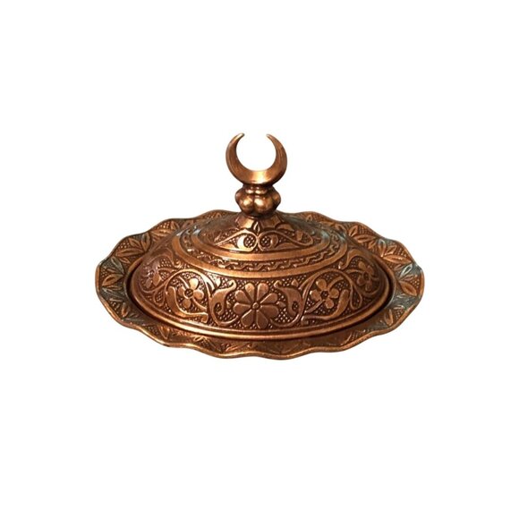 Turkish Coffee Delight Candy Dish Copper Color Ornate Lid and Tray - Picture 1 of 10